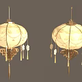 Chinese Style Decorative Pair Of Lanterns With White Shade Floral Pattern And Golden Tassels