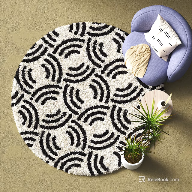 Round Rug With Black And White Wavy Patterns Blue Chair Throw Pillow And Green Plant 3d model 