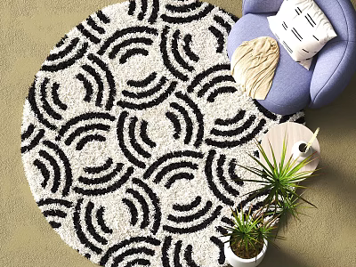 Round Rug With Black And White Wavy Patterns Blue Chair Throw Pillow And Green Plant 3d model