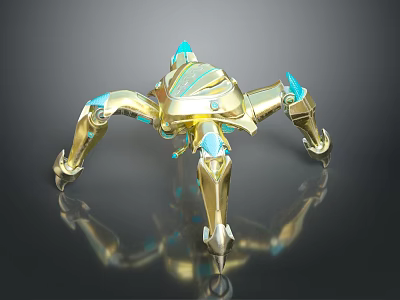 Futuristic Golden Mechanical Spider With Teal Accents And Reflective Surface 3d model