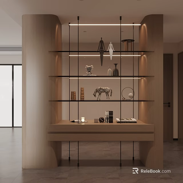 Modern Wooden Display Cabinet With Glass Shelves LED Lighting And Decorative Sculptures Vases Books 3d model 