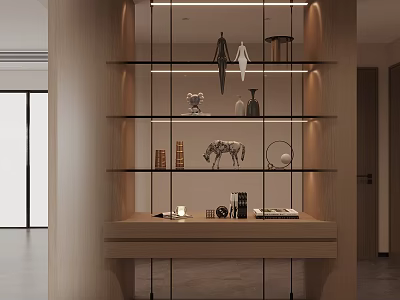 Modern Wooden Display Cabinet With Glass Shelves LED Lighting And Decorative Sculptures Vases Books 3d model