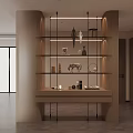 Modern Wooden Display Cabinet With Glass Shelves LED Lighting And Decorative Sculptures Vases Books