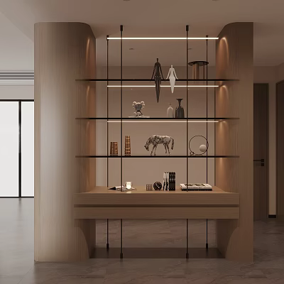 Modern Wooden Display Cabinet With Glass Shelves LED Lighting And Decorative Sculptures Vases Books 3d model