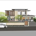 Modern Detached Villa with Glass Windows Surrounded by Trees and Green Driveway