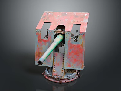 Old Rusty Weapon Turret With Green Barrel And Metal Rust Structure 3d model