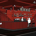 Red Themed Cafe Interior With Counter Seating Shelves And Geometric Patterns 3d model