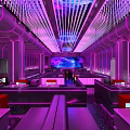 Purple Indoor Space With Circular Starry Sky Ceiling Curved Walls Shiny Black Floor And Sculpture