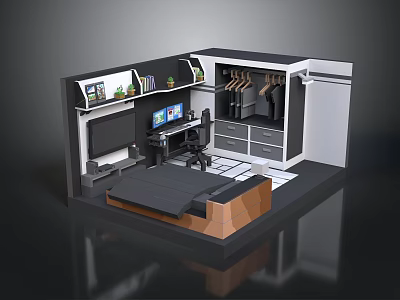 Modern Compact Room Interior With Bed TV Desk Chair And Wardrobe 3d model