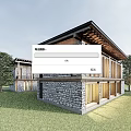 Modern Traditional Detached Villa Exterior With Stone Wall Wooden Roof Large Windows Grassland And Trees