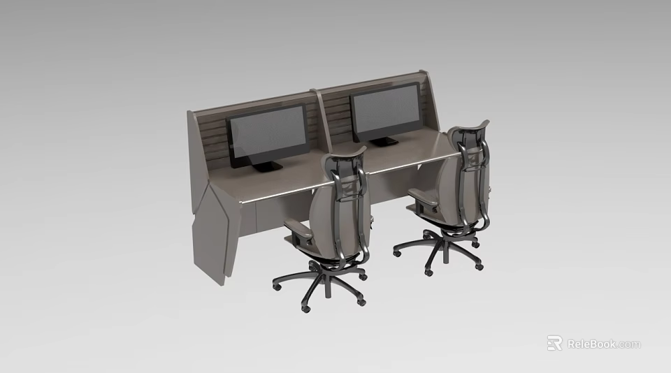 Ergonomic Industrial Control Console With Dual Screens And Adjustable Operator Chairs 3d model 