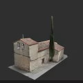 European Architecture Ancient Stone Structure With Red Tiled Roof Arched Windows And Tall Cypress Tree