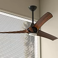 Modern Ceiling Fan With Wooden Blades Black Base And Window Blinds 3d model
