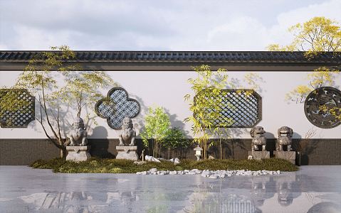 New Chinese style landscape sketch rockery stone dry landscape courtyard landscape pine outdoor plants Zen landscape 3d model