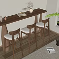 Wooden Bar Counter With Three High Stools Near Window And Green Plant Decor Interior