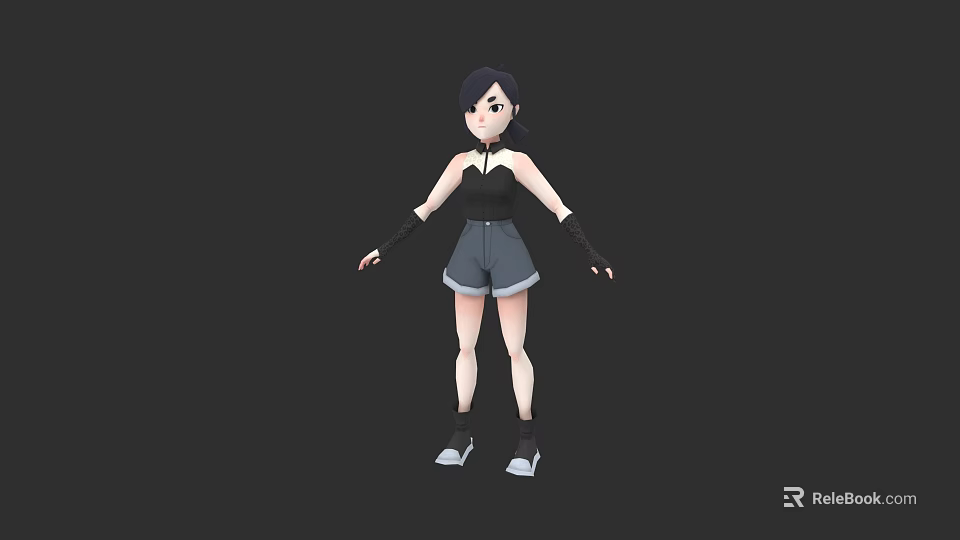 Woman Wearing Black Tank Top Gray Shorts Black Long Gloves White Sneakers Against Dark Background 3d model 