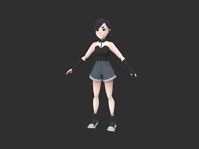 Woman Wearing Black Tank Top Gray Shorts Black Long Gloves White Sneakers Against Dark Background 3d model