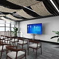 Spacious Classroom Interior With Wooden Desks Chairs Large Screen And Green Plants