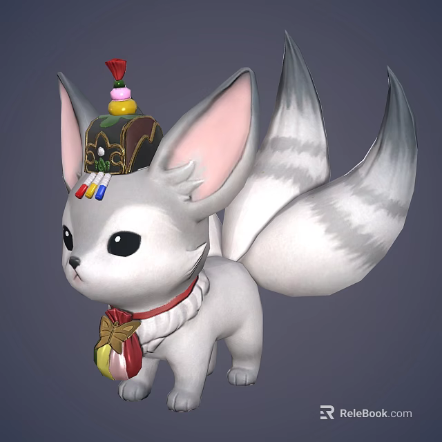 Cute Cartoon Fox Character With Big Ears Nine Tails Decorative Hat And Red Collar Bow 3d model 