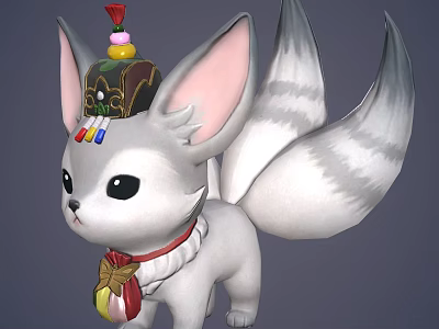 Cute Cartoon Fox Character With Big Ears Nine Tails Decorative Hat And Red Collar Bow 3d model