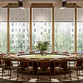 Private Dining Room With Modern Design Round Table Large Windows And Green Plant 3d model