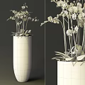 White Orchid Bonsai Potted Plant With Green Leaves And Slender Stems In Metal Vase