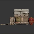 Rustic Stacked Packages With Wooden Crates Clay Pots And Logs On Dark Surface
