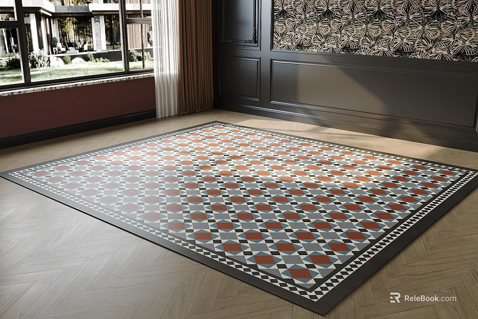 Square Area Rug On Herringbone Wood Floor In Living Room 3d model 