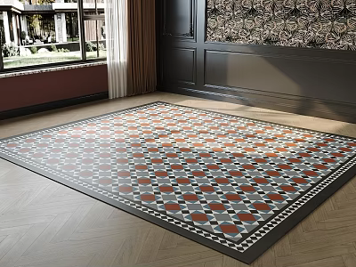 Square Area Rug On Herringbone Wood Floor In Living Room 3d model