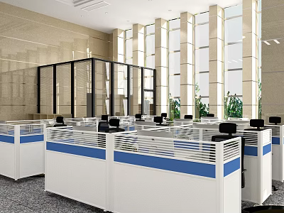 Modern Public Office Area With White Blue Cubicles Office Chairs And Large Windows 3d model
