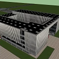 Modern Office Building with Glass Curtain Wall Metal Stripes Red Brick Base Lawn and Pathway