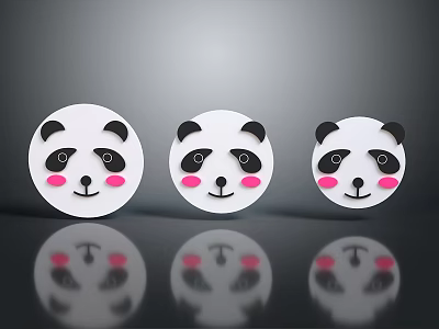 Three Adorable Panda Faces With Black Ears And Eyes Pink Blushes On Gray Background Reflections 3d model
