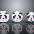 Three Adorable Panda Faces With Black Ears And Eyes Pink Blushes On Gray Background Reflections