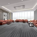 Spacious Reception Area Interior Featuring Orange Sofas Gray Carpet Large Windows And Chandelier 3d model