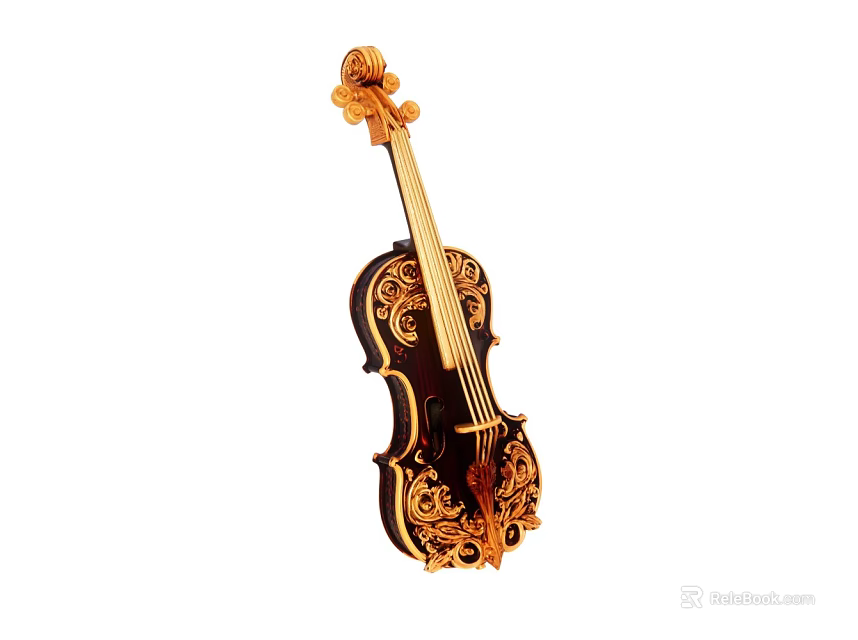 Ornate Violin With Intricate Golden Carvings And Dark Wooden Body 3d model 