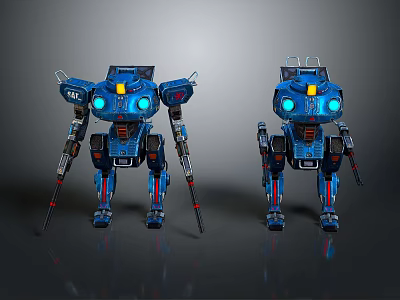 Blue Mechanical Robots With Glowing LED Eyes Metallic Texture And Weaponry In Studio Lighting 3d model