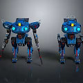 Blue Mechanical Robots With Glowing LED Eyes Metallic Texture And Weaponry In Studio Lighting