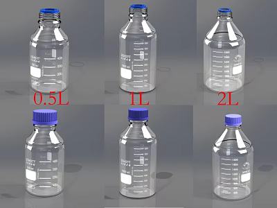 Medical Graduated Bottles with 0.5L 1L 2L Capacities Transparent Design and Blue Caps 3d model