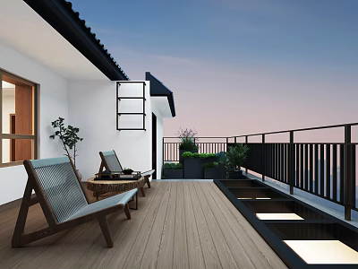 Rural Self-built House Balcony Featuring Wooden Floor Deck Chairs Green Plants And Sunset Sky 3d model