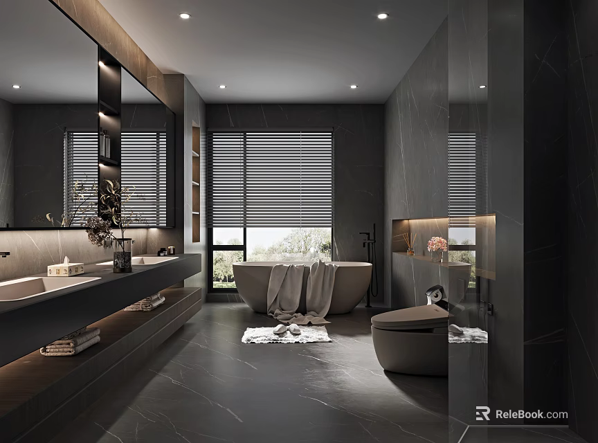Modern Bathroom Interior With Dark Stone Walls Large Mirror Bathtub Vanity Blinds And Marble Flooring 3d model 