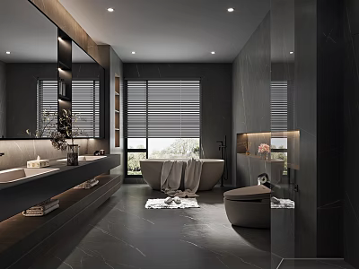 Modern Bathroom Interior With Dark Stone Walls Large Mirror Bathtub Vanity Blinds And Marble Flooring 3d model