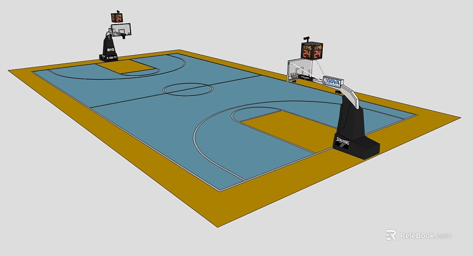 Indoor Basketball Court For Fitness Training With Hoops Scoreboards And Blue Yellow Flooring 3d model 