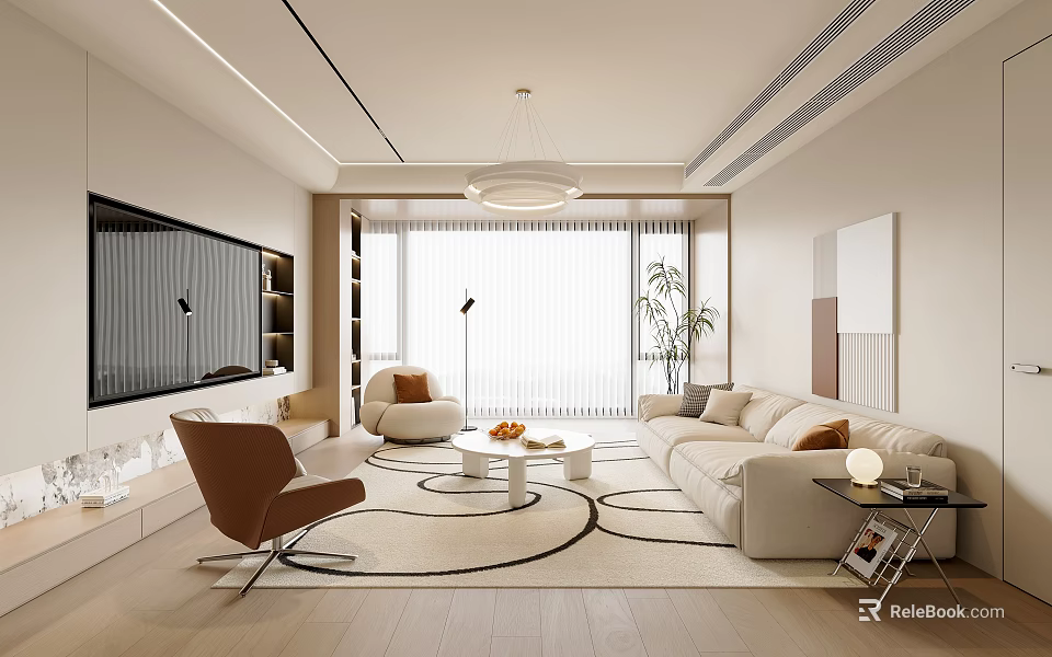 Modern Living Room Interior Design Featuring Sofa Armchair Coffee Table Circular Rug And TV Wall 3d model 