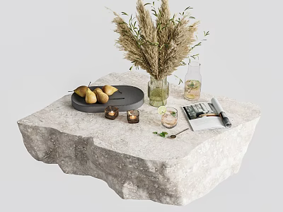 Natural Stone Coffee Table With Irregular Surface Black Tray Pears Candles And Pampas Grass 3d model