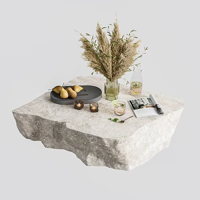 Natural Stone Coffee Table With Irregular Surface Black Tray Pears Candles And Pampas Grass 3d model