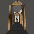 Hotel Corridor Interior With Wooden Accents Arched Design Warm Lighting And Sleek Flooring