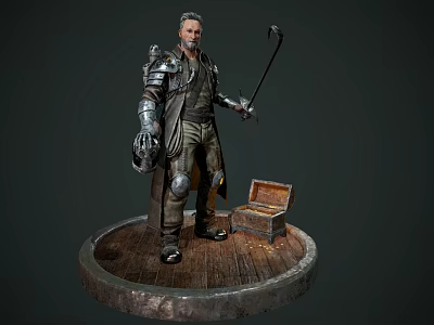 Man in Metal Armor Holding Scythe With Open Treasure Chest Standing On Circular Wooden Platform 3d model