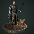 Man in Metal Armor Holding Scythe With Open Treasure Chest Standing On Circular Wooden Platform
