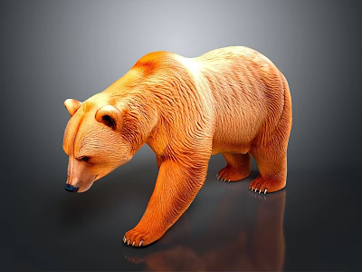 Brown Bear With Textured Brown Fur Standing On Reflective Gray Background 3d model