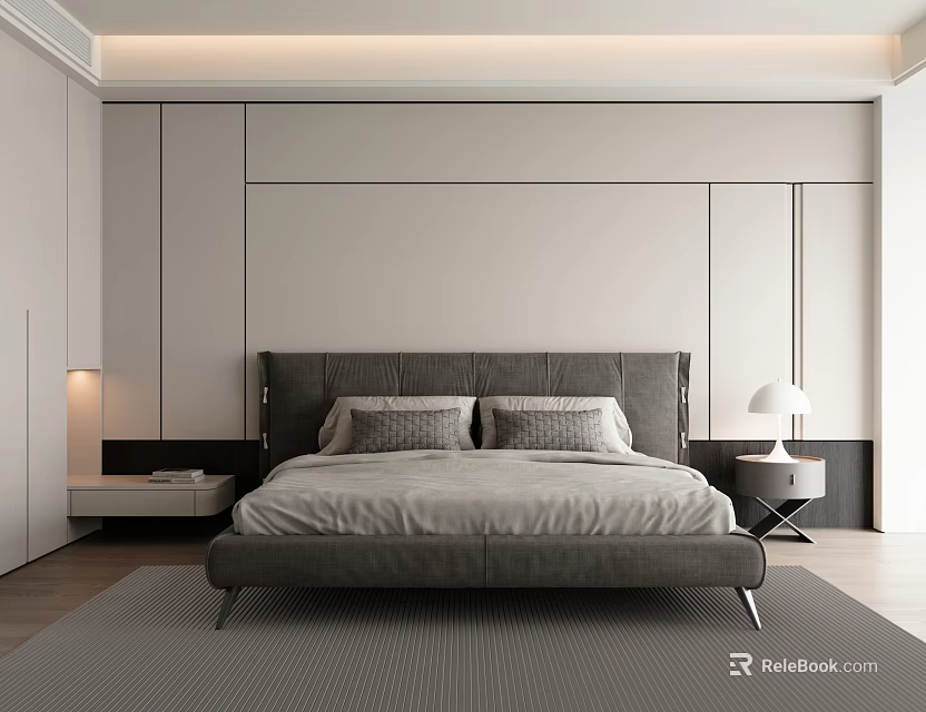 Modern Bedroom Interior Design With Gray Bed Nightstands Table Lamps Rug And White Wardrobes 3d model 